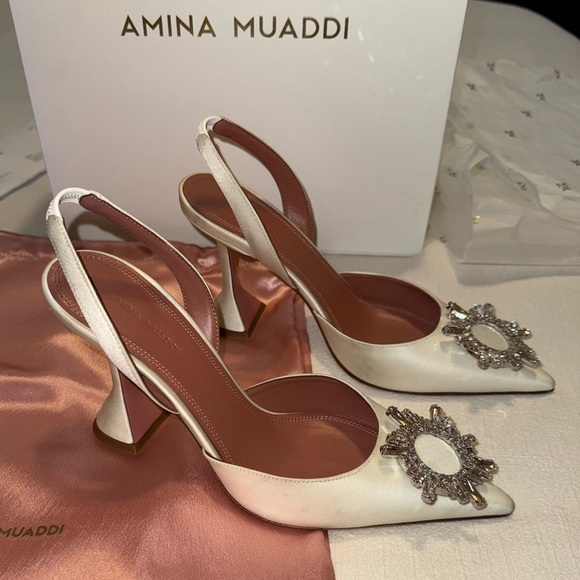 Amina Muaddi Cream Heels with Crystal Detail - Picture 1 of 11